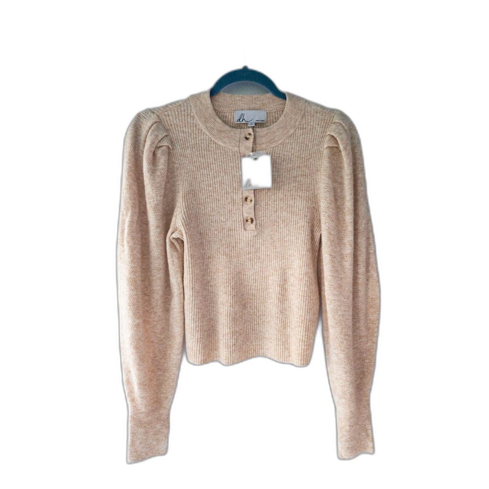DH New York NWT Puff Sleeve Button Front Cream Supersoft Tan Elle Sweater S